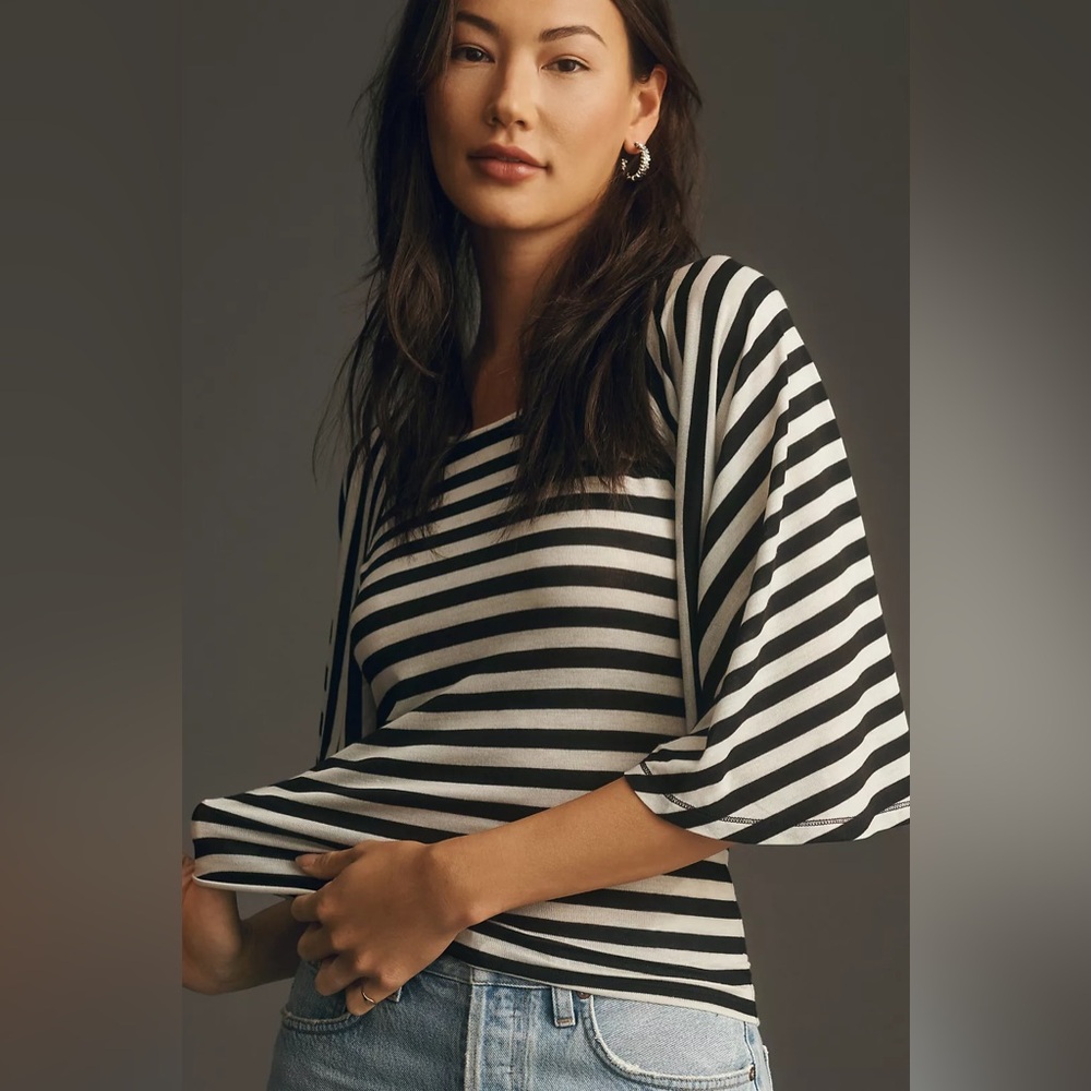 Maeve Anthropologie Bell Sleeve Tee Black White Stripe EUC Size M